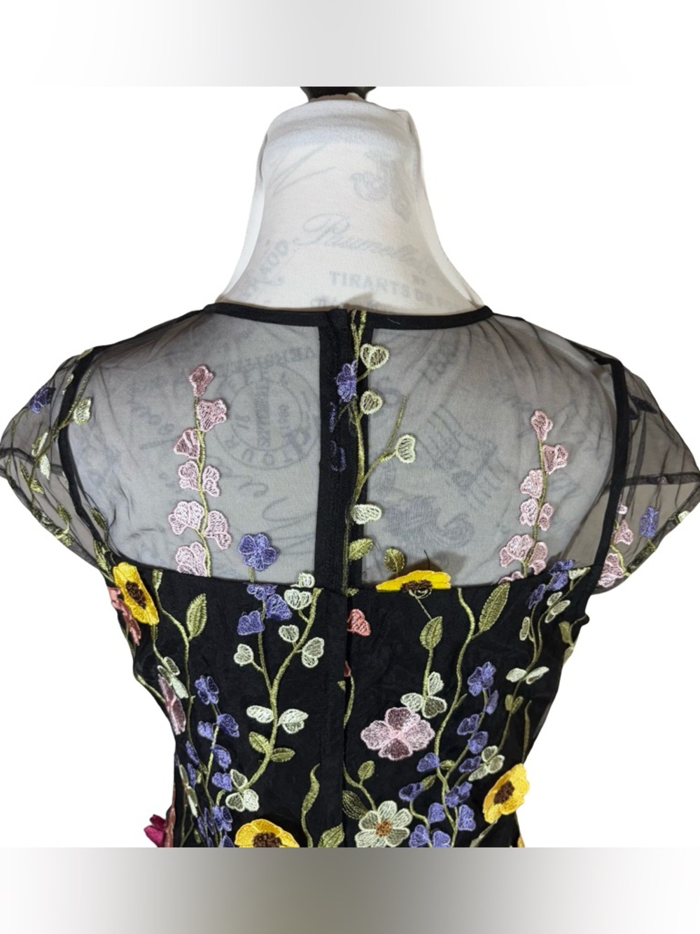 Black Floral Embroidered Mesh Dress 3D Flowers Spring Wedding Guest Dress - Picture 9 of 16